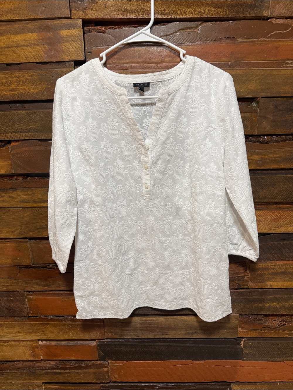 Talbots White Eyelet Henley Tunic Top
